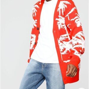 Fashion Nova Small Men Red Cardigan Sweater White topicals Print Long Sleeve